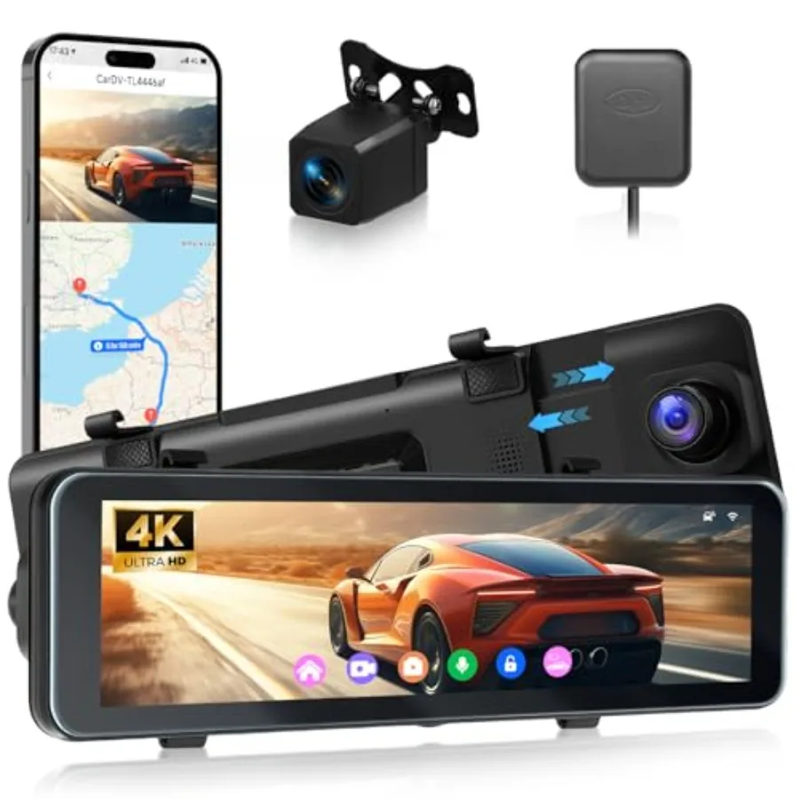 

4K Mirror Dash Cam for car use, aluminum alloy body, black color, 4K UHD front + 1080P rear recording with ADAS and night visio