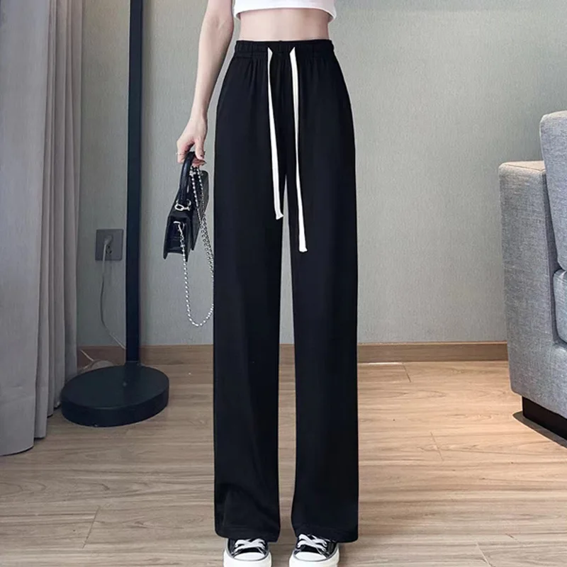 กางเกงขากว้างผ้าไหมน้ำแข็งสำหรับผู้หญิงที่ให้ความรู้สึกของผ้า ผ้าเดรป กางเกงขายาวสำหรับฤดูร้อน ส่วนสูงต่ำ เอวสูง กระชับสัดส่วน กางเกงลำลอง