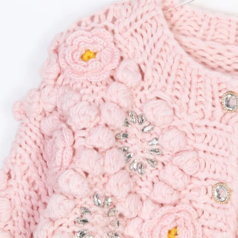 Knitted cardigan women Retro 2025 autumn/winter casual loose single breasted dimensional hand hook drill  jacket basic Simple