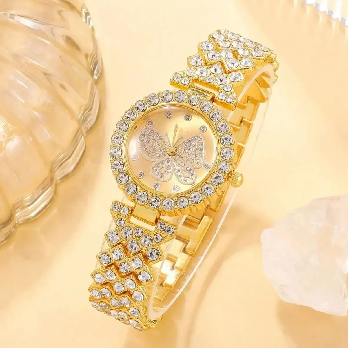 Luxury Women Watches Fashion Quartz Watch Gold Simple Diamond Point Butterfly Dial Full of Crystals Steel Belt Quartz Wristwatch