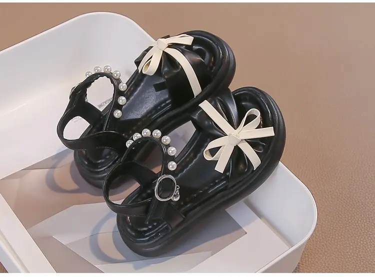 2026 Neue Sommer Kleinkind Schleifen-Strandschuhe Prinzessinnen Mädchen Leder Sandalen mit Perlenriemen Weiche Sohle Klassisch Elegant Party – Detail 7