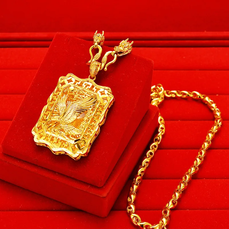 

AU999 Gold Necklace Pendant Mens Eagle Hollow Clavicle Chain Square Plate Fu Character 24K Pure Gold Domineering Pendant