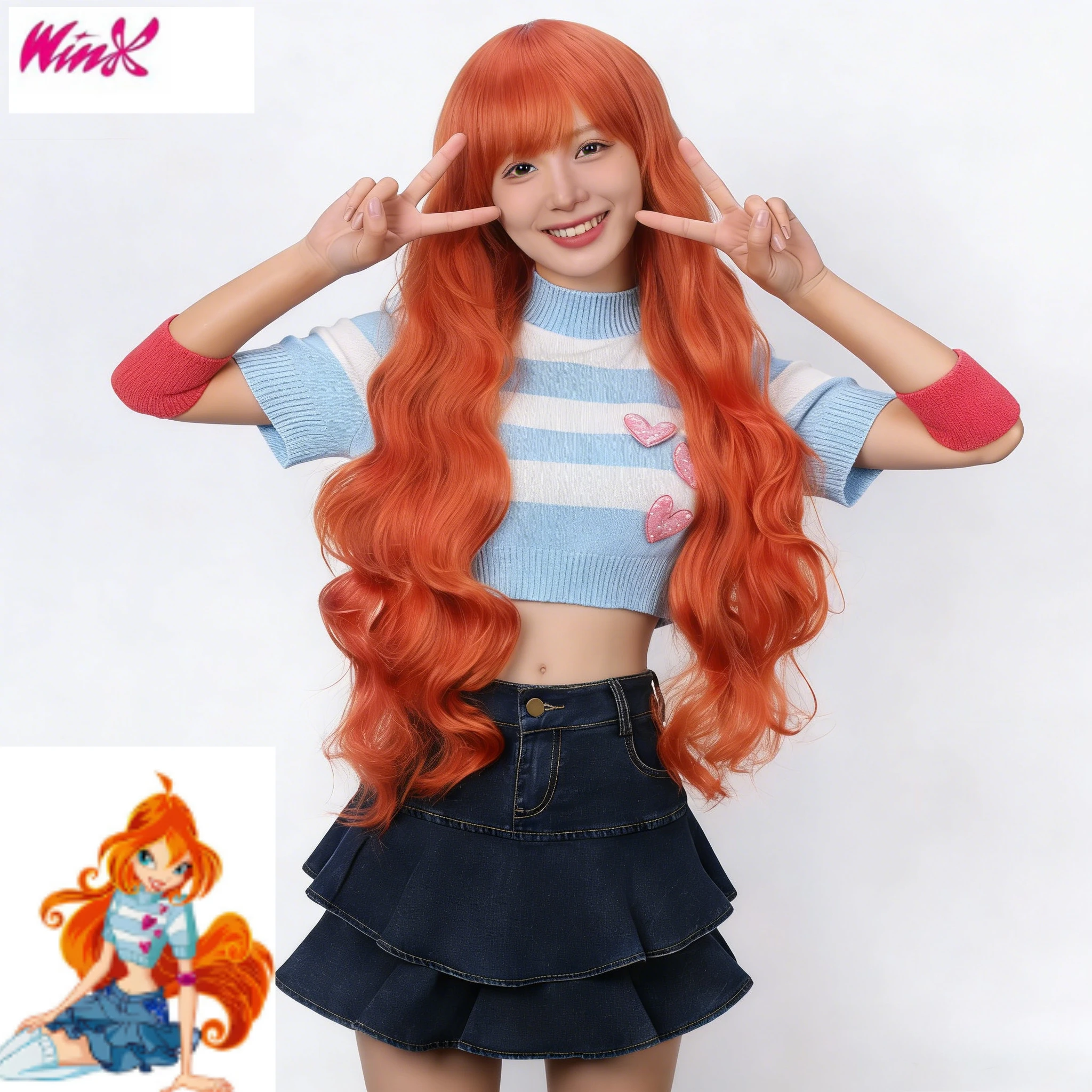 

Anime Bloom Cosplay Win Clubb Halloween New Sweet Wind Jirai Kei Girls Retrostriped Knitted Role Playing Costume Full Set Wig