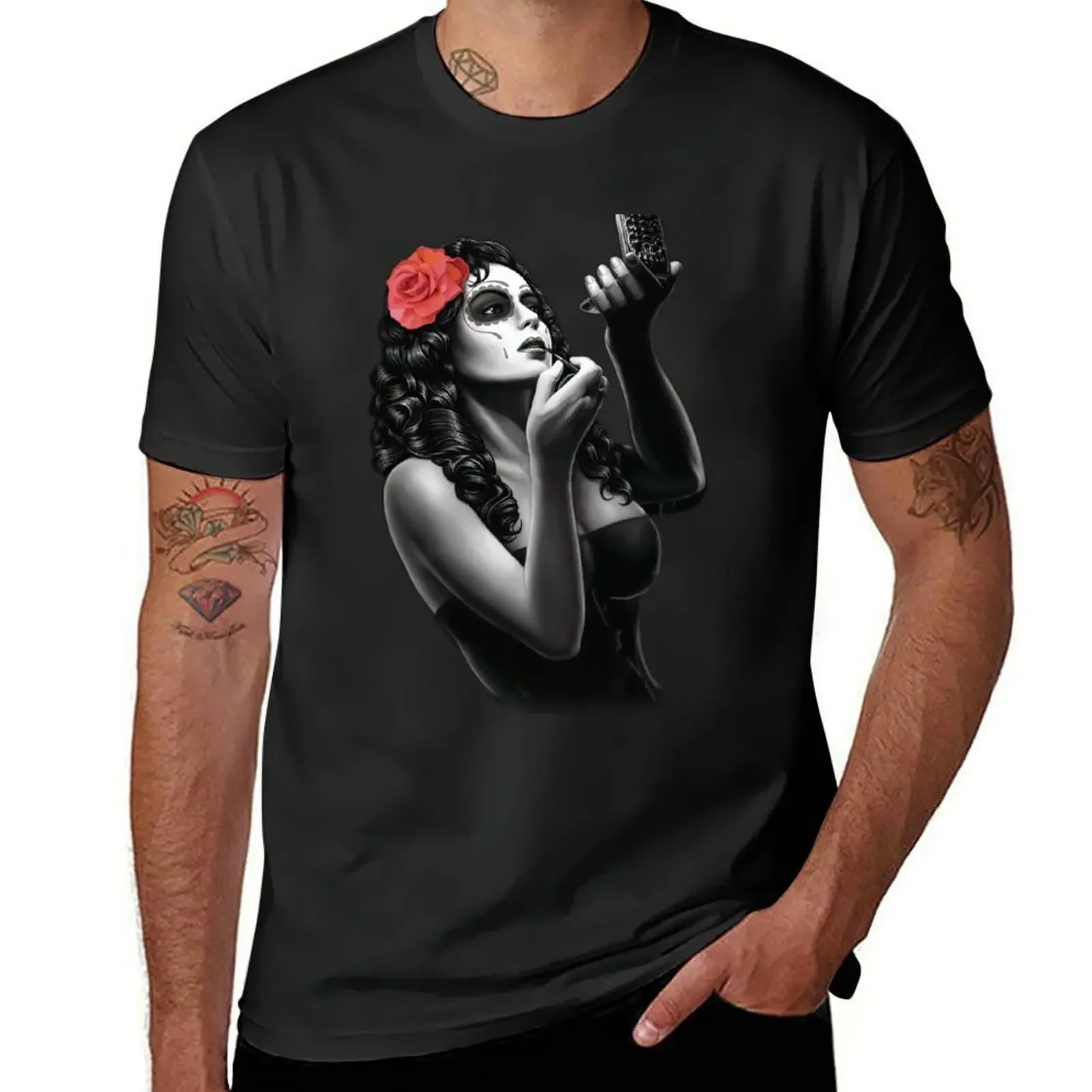 

sugar skull tattoo girl with red rose art T-Shirt summer 2025 quick drying sublime t shirts for men