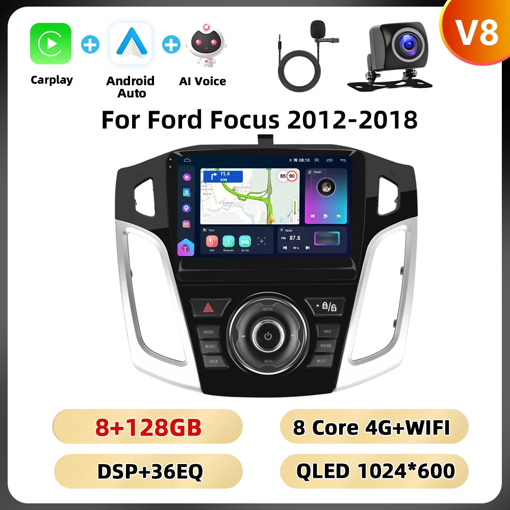 Podofo 2Din 8 + 128G Autoradio Voor Ford Focus 2012-2018 Multimedia Speler AI Voice WIFI 4G Carplay Android Auto USB Spiegel Link