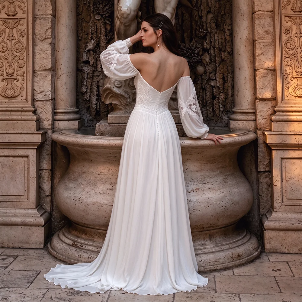 Long Bishop Sleeves Off Shoulder Boho Wedding Dress Customized Ivory Ruched Chiffon Basque Waist Lace A Line Bridal Gowns