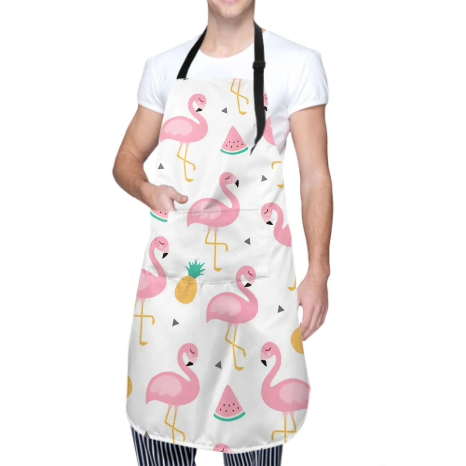 Flamingo Waterproof Apron with 2 Pockets Kitchen Chef Apron Colorful Apron for Hair Brushing Cooking Baking Painting Gardening