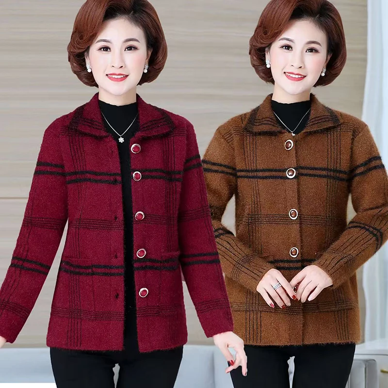 

2025 Mid-Elderly Women's Coat Imitation Mink Velvet Jackert Mother's Autumn Winter Coat Cardigan Sweater Female Padded Sweater