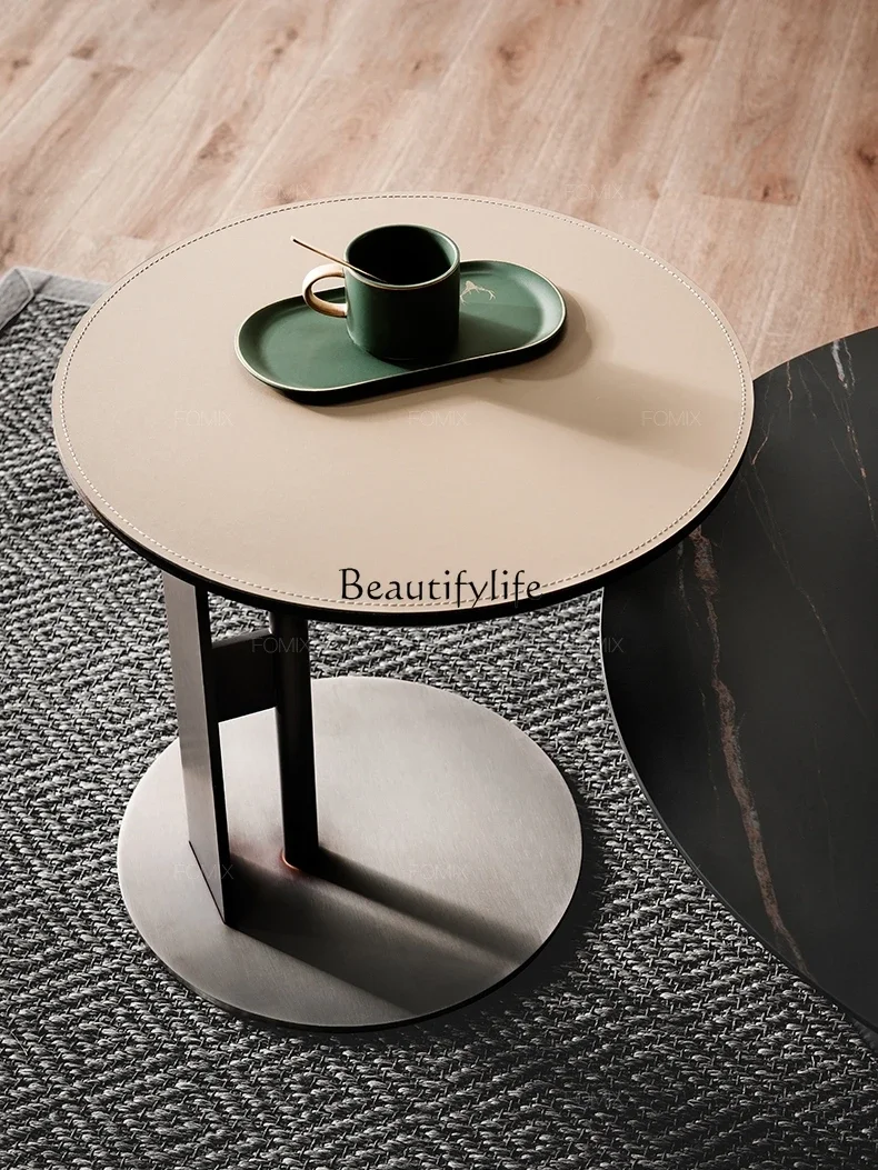 05 FG17Mesa auxiliar redonda de lujo, ligera y moderna, silla de montar minimalista italiana, mesa auxiliar de madera maciza de acero inoxidable, café pequeño