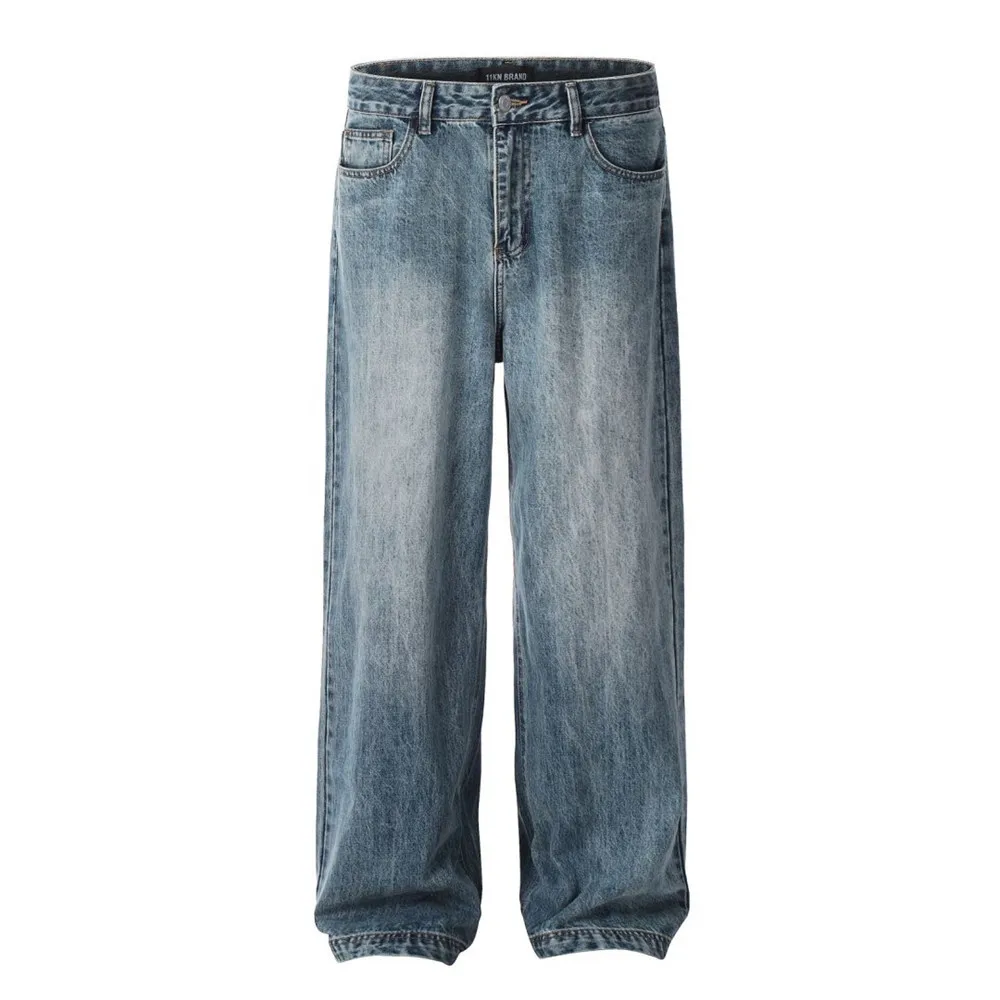 Jeans lavados desgastados para homens, atmosfera de rua alta, calças retas casuais soltas, calças largas americanas grandes