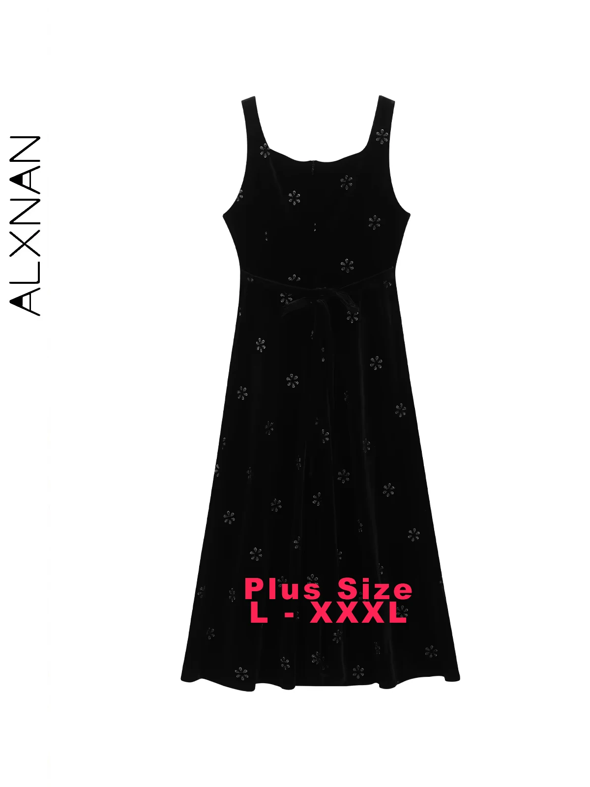 

ALXNAN Plus Size Women's Sleeveless Dress Black Long A-line Elegant Embroidery Dresses 2025 Autumn Casual Female Clothing D07737