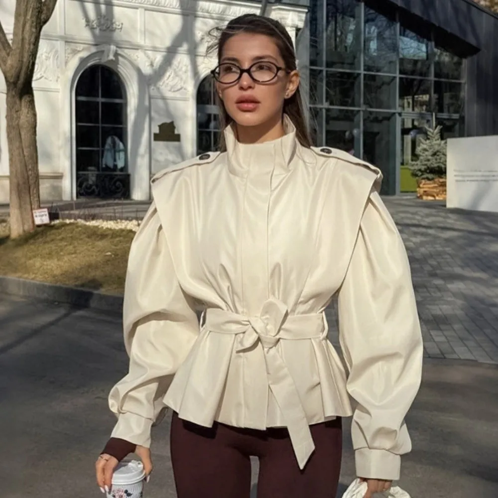 New High Collar Coat Jacket Long Sleeve Waist Tie Outer Wear Relax Fit Peplum Hem Work Blazer Daily Outfit