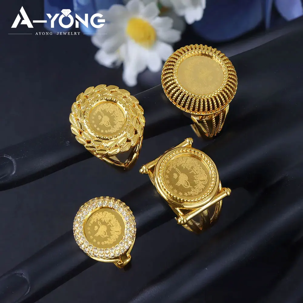 Арабские мусульманские золотые кольца с монетами, позолоченные 21 карат, Дубай, модные кольца с цирконием для пар, турецкие женские свадебные винтажные украшения