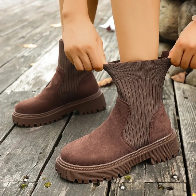 

2026 Autumn Winter Fashion Women Chelsea Boots Female PU Leather High Heels Boots Platform Shoes Ladies Knitted Sexy Ankle Boots