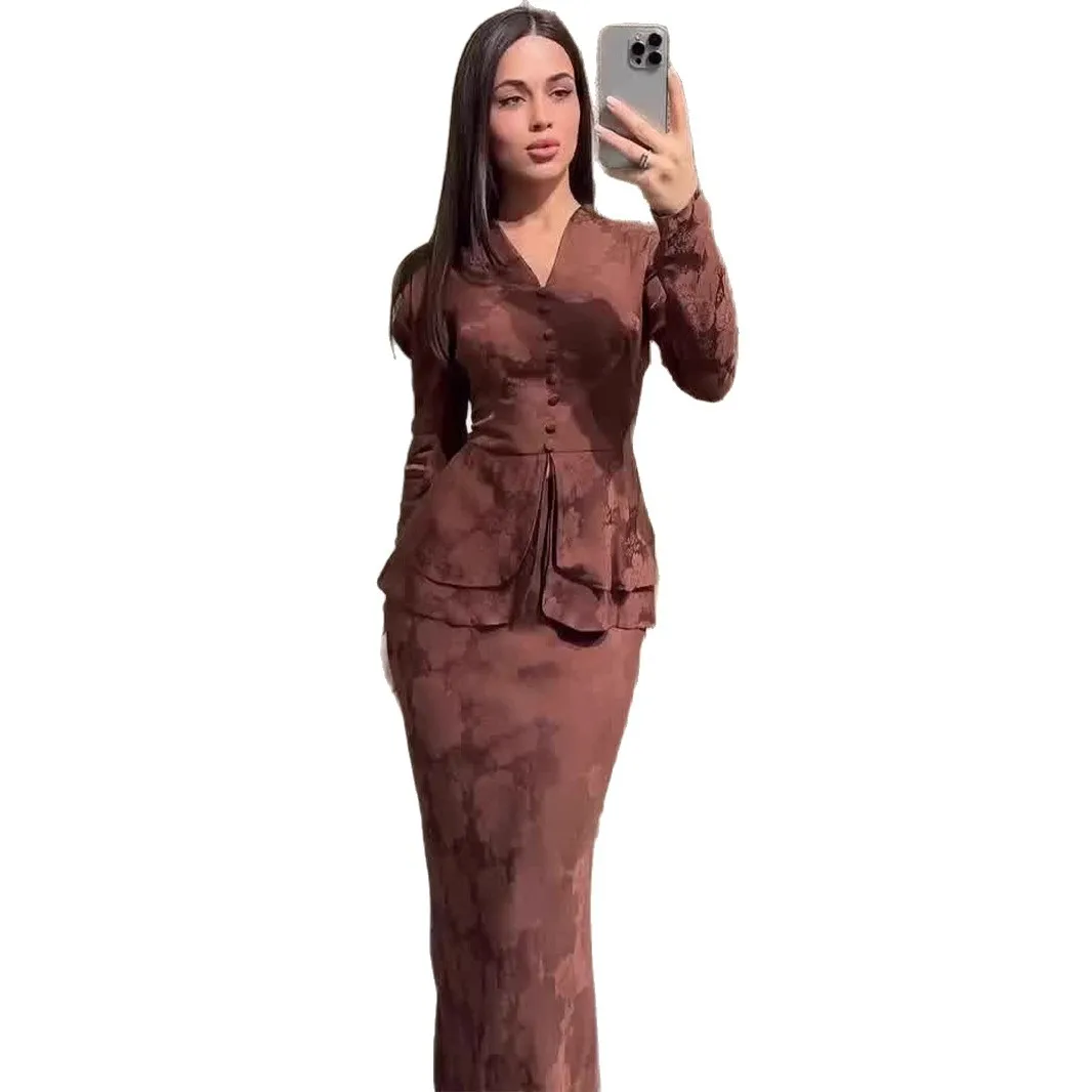 الخامس الرقبة زر الجبهة كشكش تنحنح كم طويل بلوزة عالية الخصر ضئيلة ميدي تنورة قطعتين مجموعة المرأة فستان ريترو الزي الرسمي #5