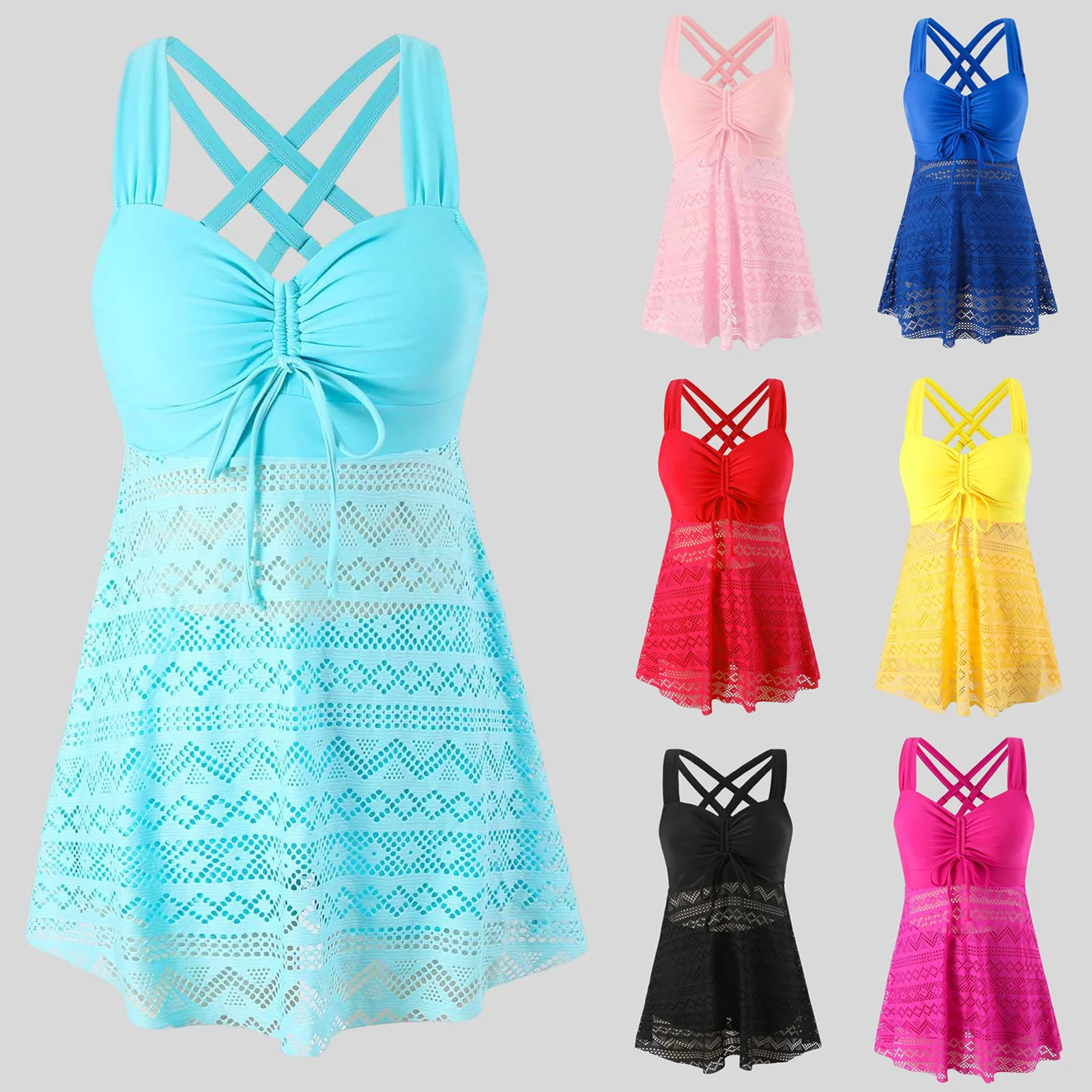 European And Popular Foreign Trade Skirt Plus Size High Waist Color Swimsuit Women's Leak Back women's bikinis and tankinis