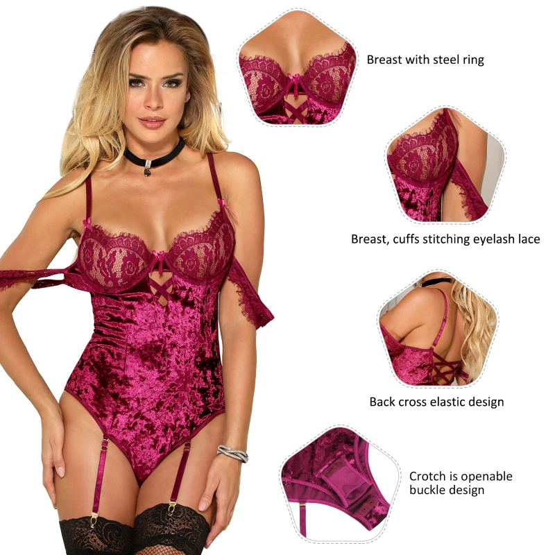 Comeonlover Sexy Women Garter Bodysuits Lingerie Off Shoulder Lace Hollow Out Cup Teddy Body Bodycon Soft Velvet Ropa Mujer 7XL