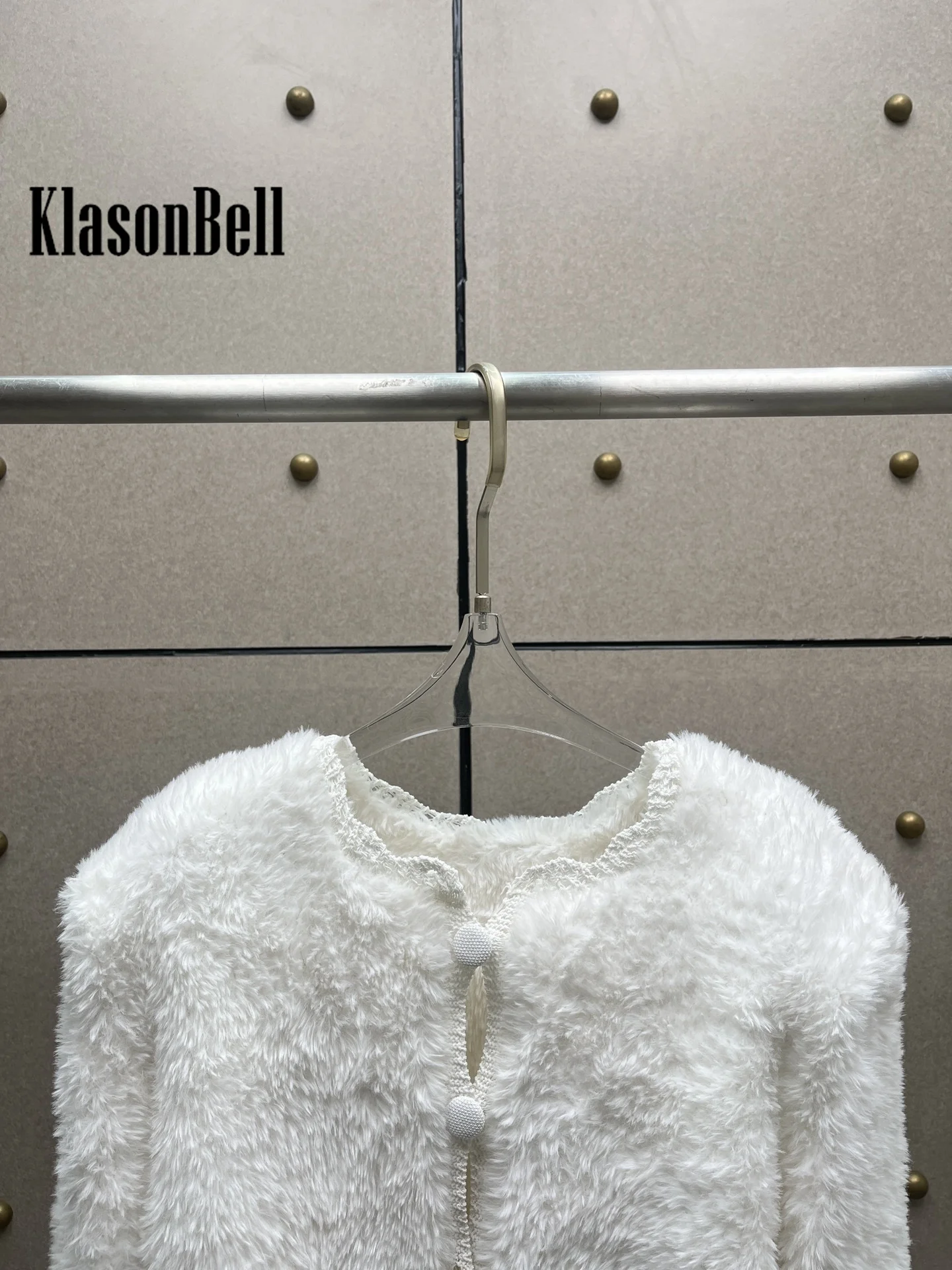 7.29 KlasonBell Women Hand Crochet Knit Single Breasted Crop Plush Coat O-Neck Long Sleeve Temperament White Cardigan