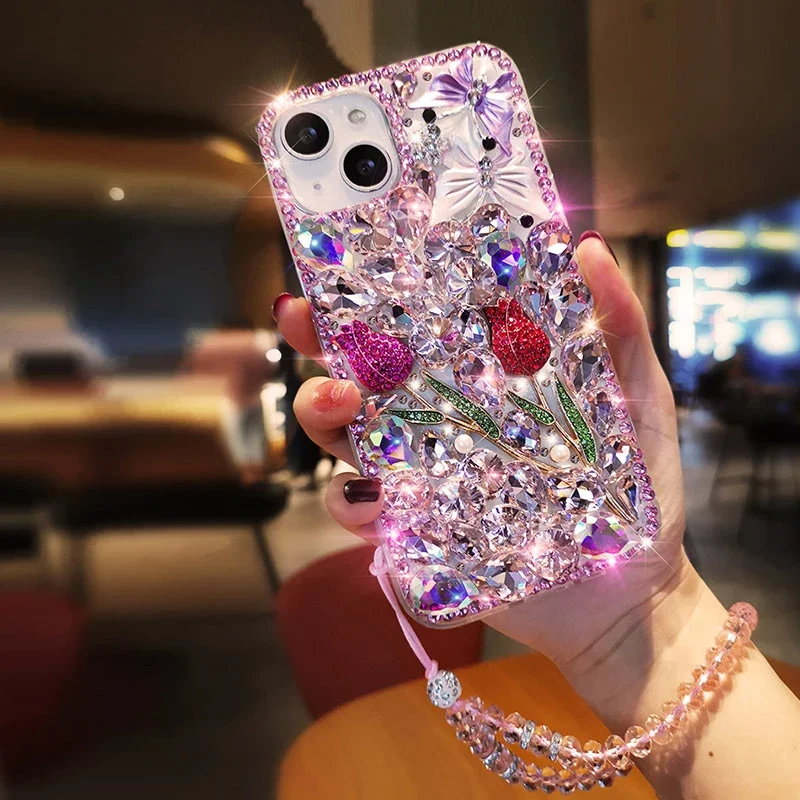 Luxury Sparkle Diamond Crystal Rhinestone Rose Flower Butterfly Case with Strap for Iphone 15 14 13 12 11 Pro MAX XR