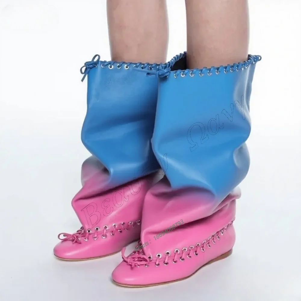

Blue Pink Gradient Color Boots Lace up Tied Slip on Strange Style Men Heels Long Shoes for Women Shoes 2025 Zapatos Para Mujere