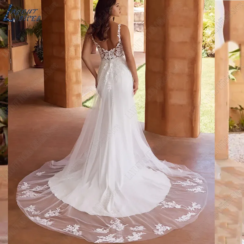 Vestido de novia moderno con Apliques de encaje para mujer, sobrefalda de tul desmontable de ensueño, cola larga de sirena, 2024