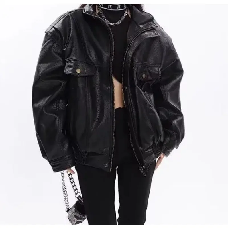 Veste en cuir PU rétro et haut de gamme pour les tenues de moto de pilotes de rue en automne et en hiver