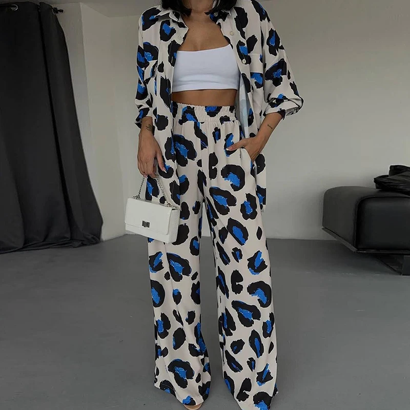 Female Vintage Street Long Pants Outfits 2024 Spring Pattern Print Loose 2 Piece Sets Casual Single Breasted Shirt Commuter Suit