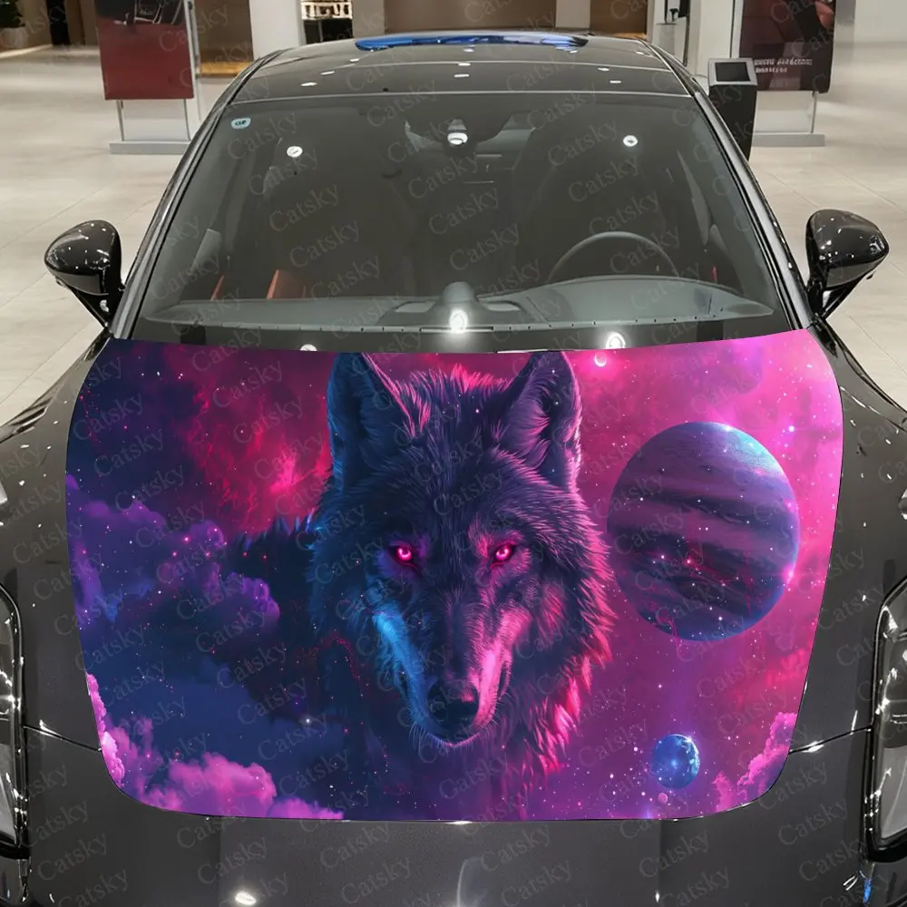 

Purple-Pink Galaxy and Mysterious Wolf Car Vinyl Wrap, PVC Material Waterproof Car Hood Sticker, Self-Adhesive Scratch-Resistant