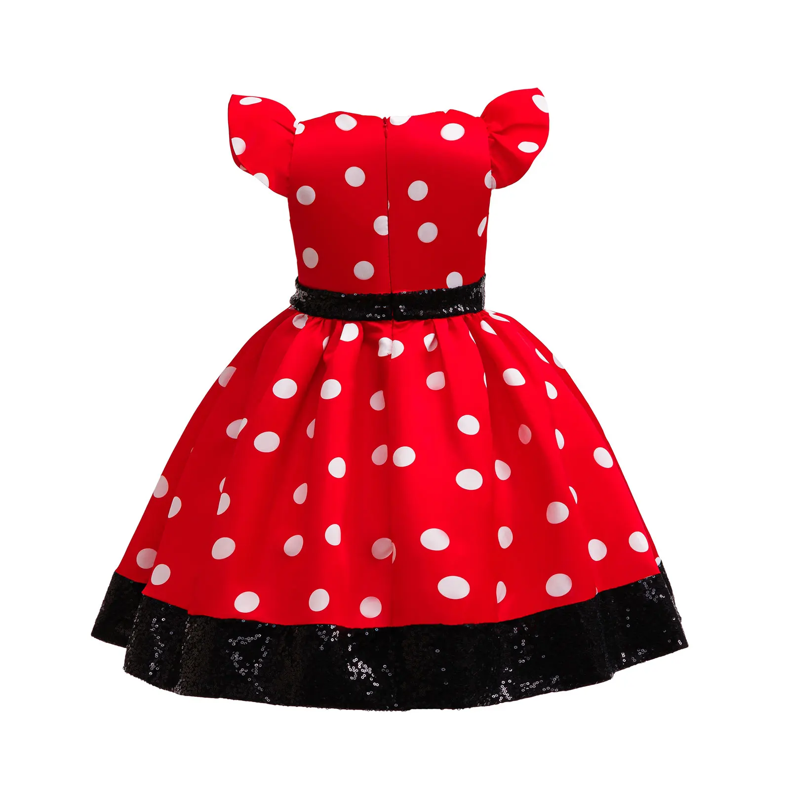 Cute Little Girls Red White Polka Dot Princess Dress Black Sequin Bow Kid Minnie Birthday Party Outfit Carnival Cosplay Clothing