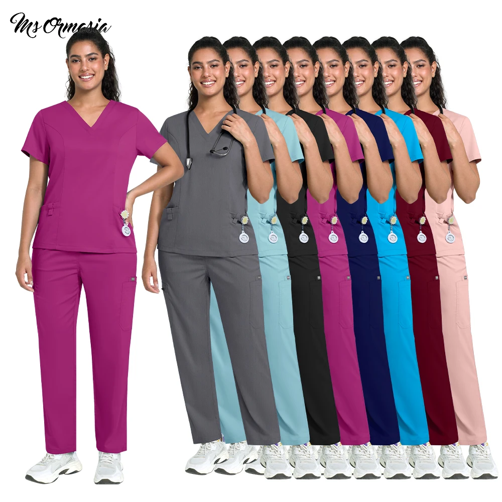 Conjunto de calças retas de alta qualidade, uniforme de enfermagem para sala de operação, jaleco com decote em v, esfrega cirúrgica, roupa de trabalho médica, roupas de beleza