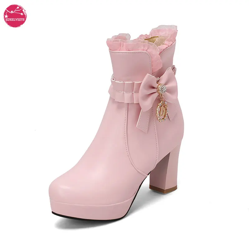 Women's Lolita Ankle Boots Bowknot Rhinestone Pendant Decor Short Booties Chunky High Heel Platform Side Zipper Shoes Lace Edge