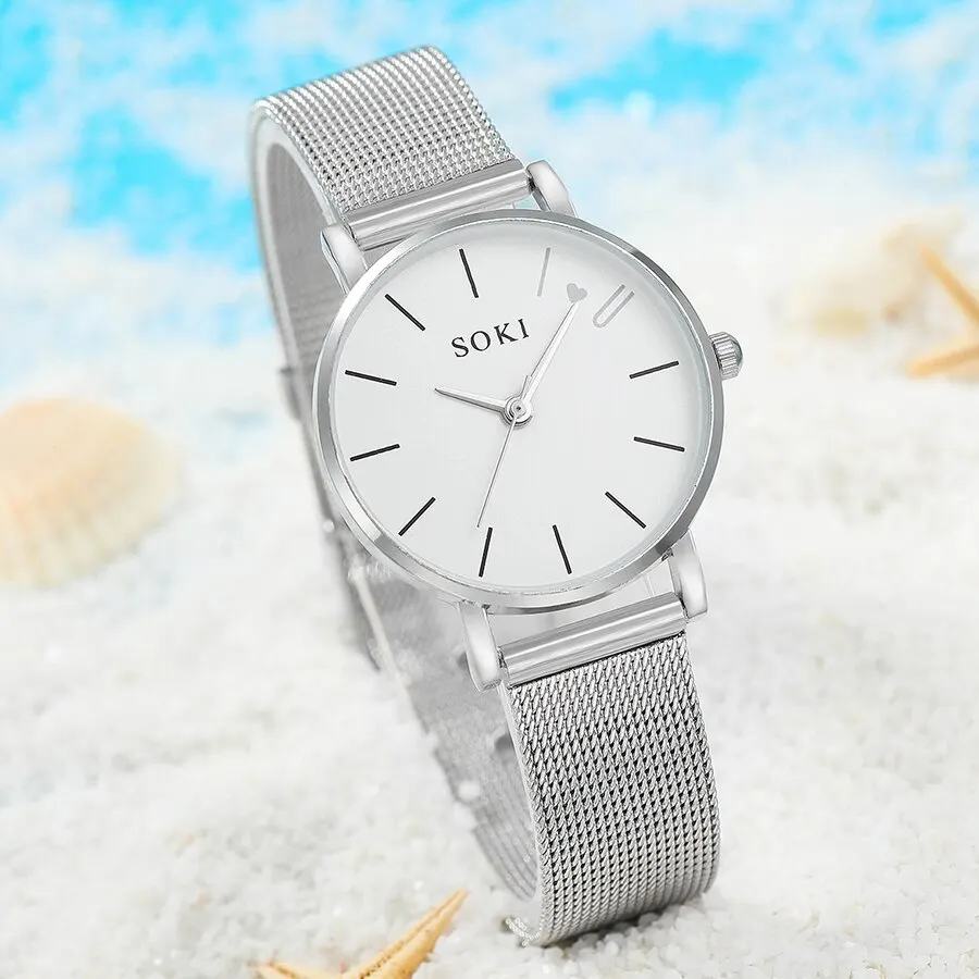 6pc Simple Silver Quartz Watch With Bracelet For Women Casual Fashion Round Simple Silver Watch Dainty Wheat Bracelets Set