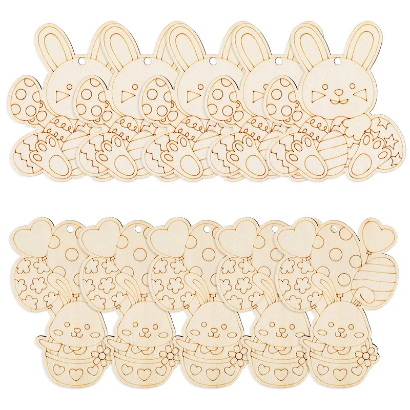 10Pcs Wooden Easter Rabbit Craft Kids DIY Painting Gift Bunny Egg Hanging Ornament Happy Easter Home Party Decoration Supplies