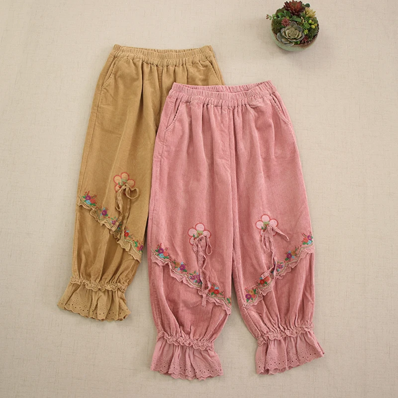 Sweet Mori Girl Flower Embroidery Patchwork Corduroy Harem Pants Women Autumn Winter Casual Loose Elastic Waist Cropped Pants