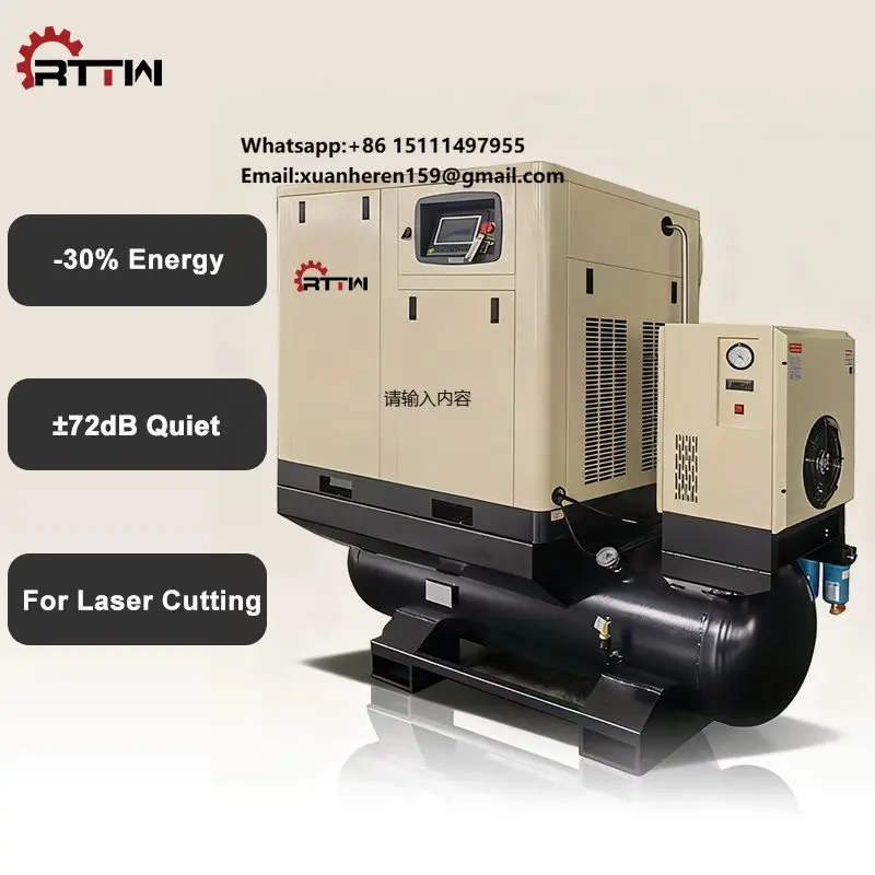 RTTW High Efficiency All-in-One Screw Air Compressor 15kw 20hp 16bar Laser Cutting Industry Use Rttw Saing Oxygen and Nitrogen