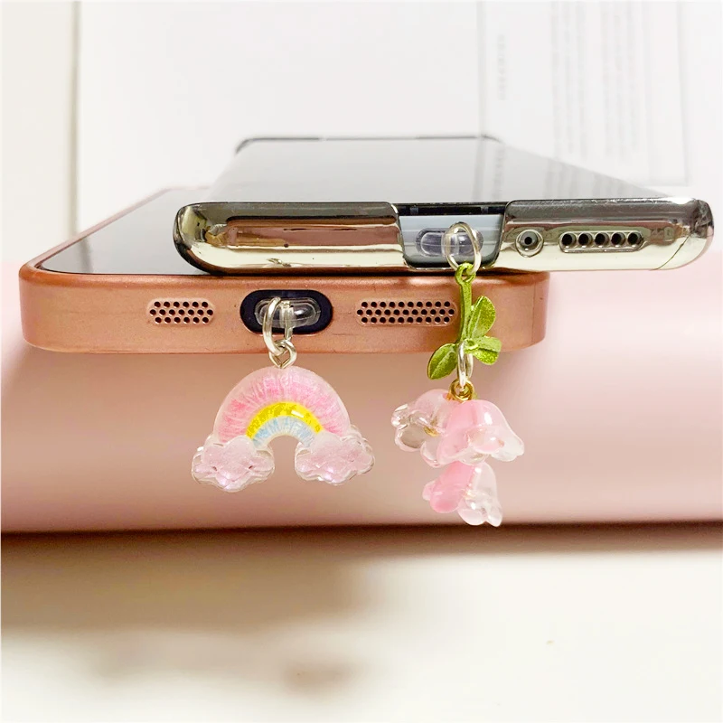 

1/5Pcs For Phone/Type-C Phone Dust Plug Cute Pink Flowers Rainbow Phone Interface Dust Plug DIY Accessories