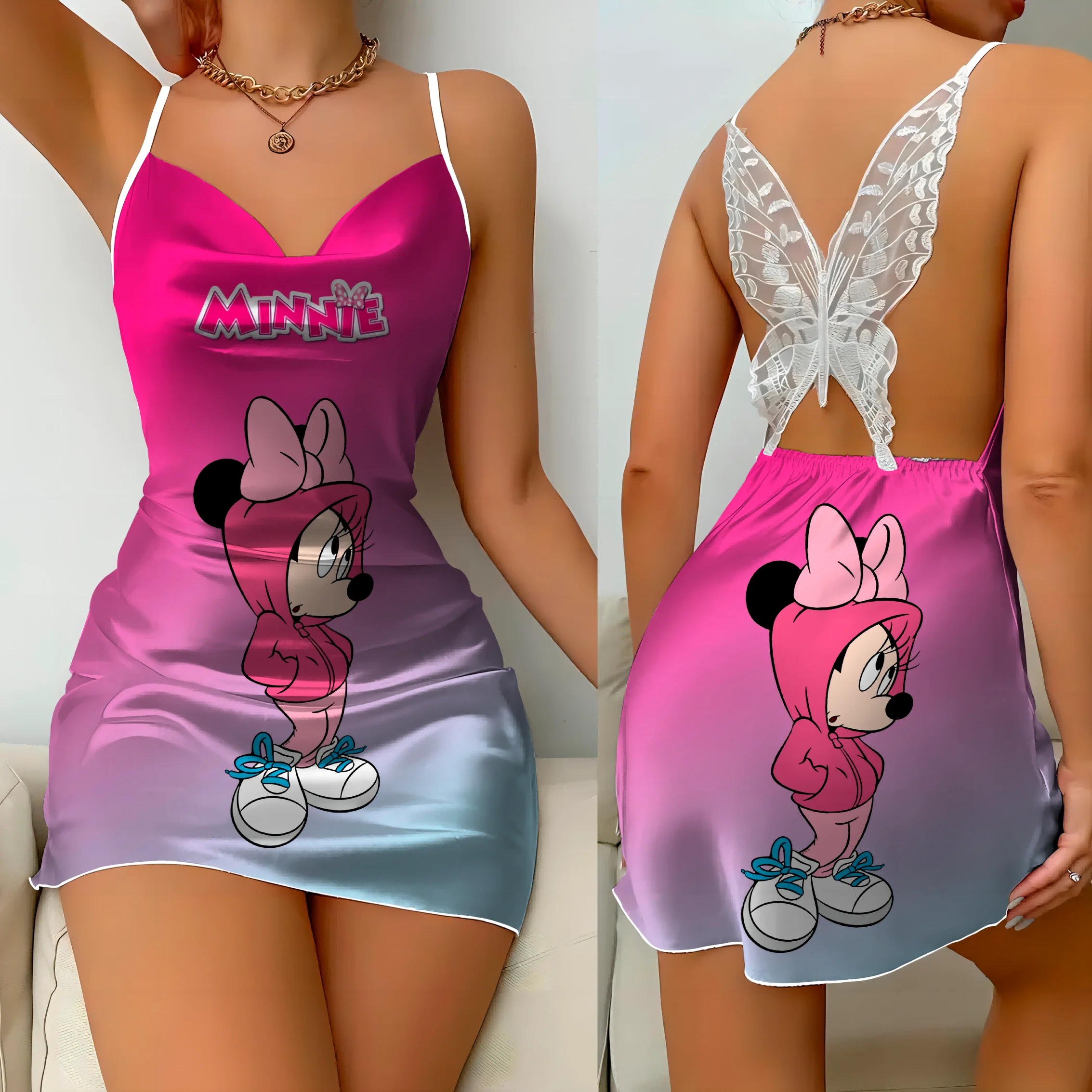 

Satin Surface Mickey Disney Minnie Mouse Bow Knot Mini Dress Fashion Summer Dresses 2024 Pajama Skirt Womens Elegant Women Party