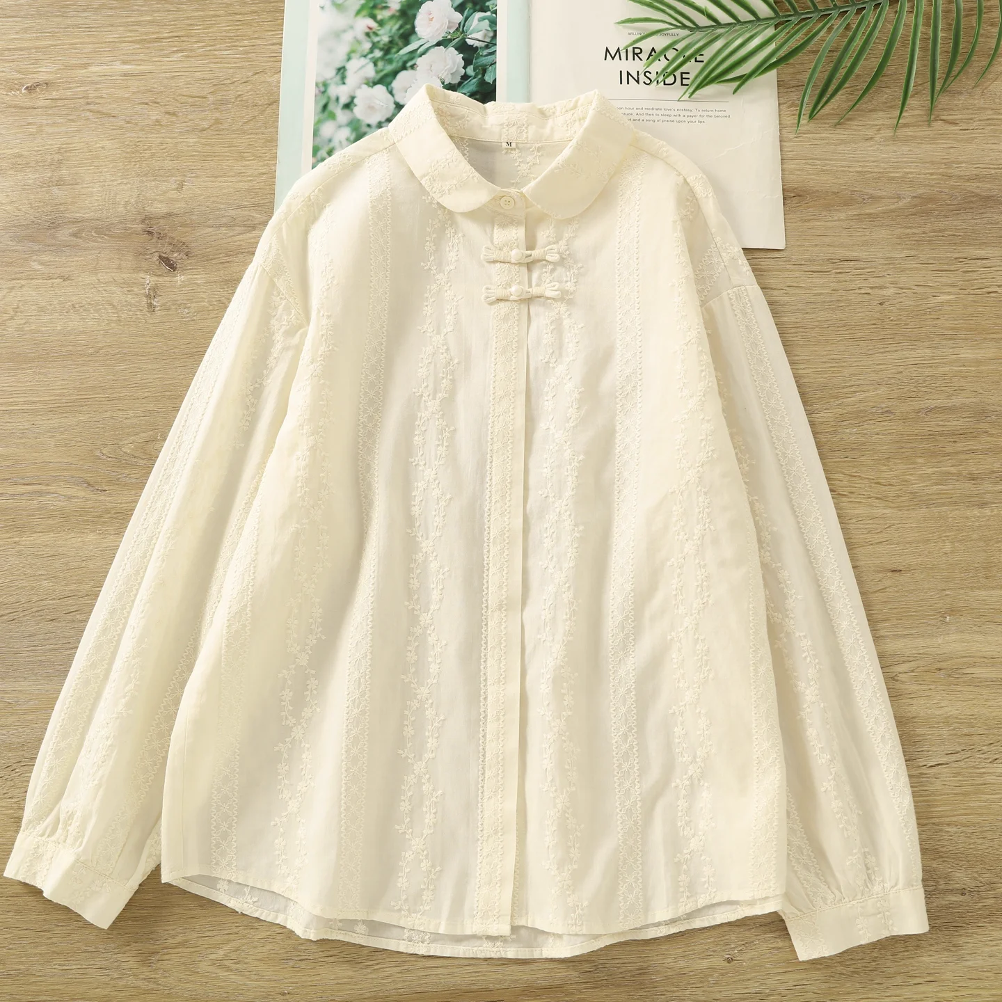 

Elegant woman shirt autumn clothes women 100% cotton peter pan collar Chinese buttons beige blouses ladies tops