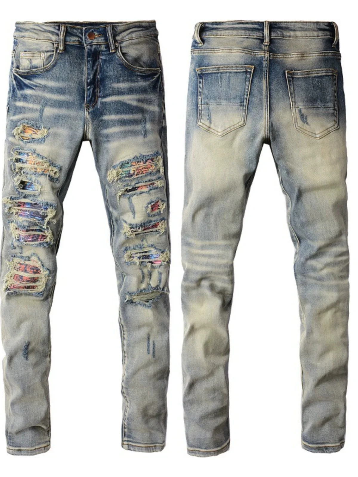 

Men's Slim Fit Skinny Jeans Patch Elastic Denim Pants mid Waist Youth Casual Long Trousers Trendy Jeans for All Seasons
