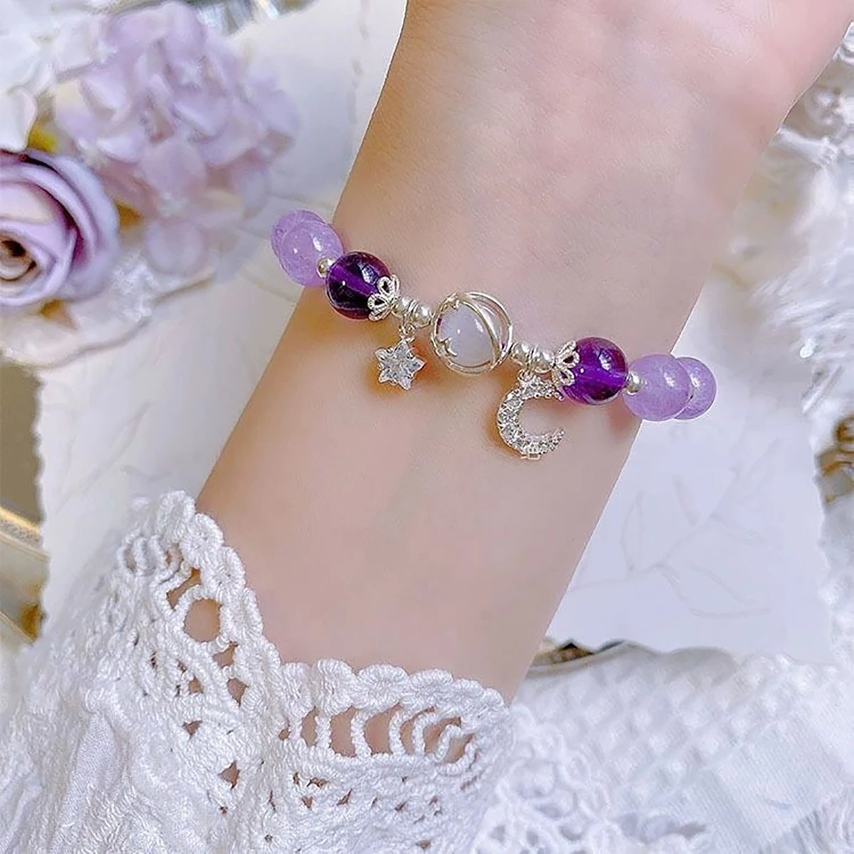 Blue Purple Color Opal Stone Bracelet For Women Girls Shiny Crystal Bracelets Moon Star Pendant Bangles Wristband Jewelry