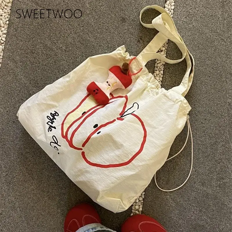 Women's Cute Cartoon Apple Graffiti Drawstring Tote Bag Large-Capacity Canvas Shoulder Purse