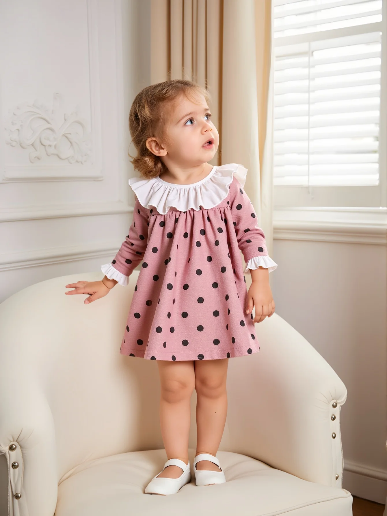 

Цельная модная милая лоскутная юбка с длинными рукавами и лацканами для маленьких девочек, осеннее платье в горошек с принтом