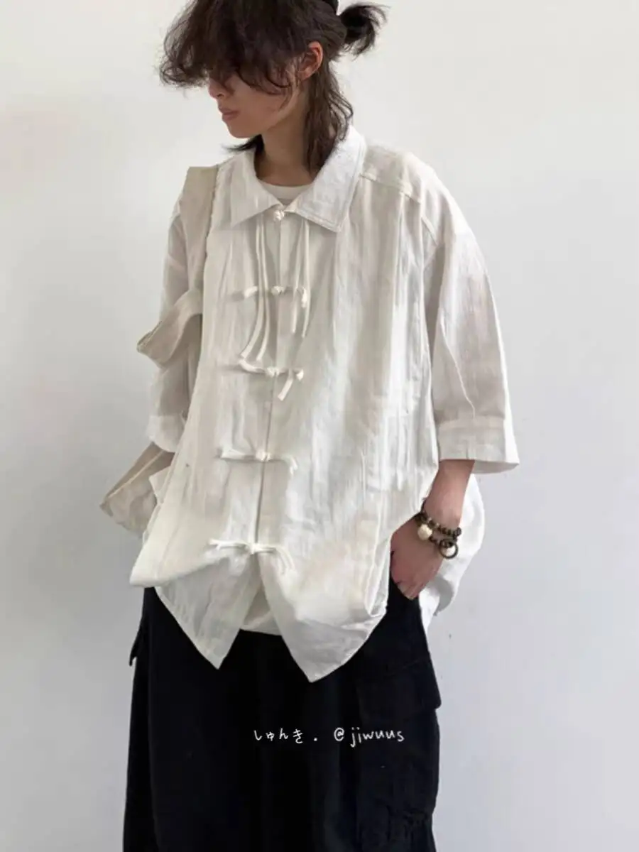 

2026 Spring Summer Short Sleeve T-shirt New Chinese Retro T-shirts Solid Color Shirt Unisex Loose Frog Button Short Sleeve Shirt