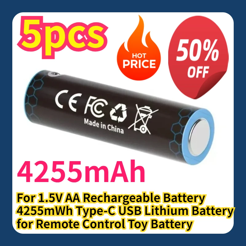 For 1.5V AA Rechargeable Battery 4255mWh Type-C USB Lithium Battery for Remote Control Toy Battery