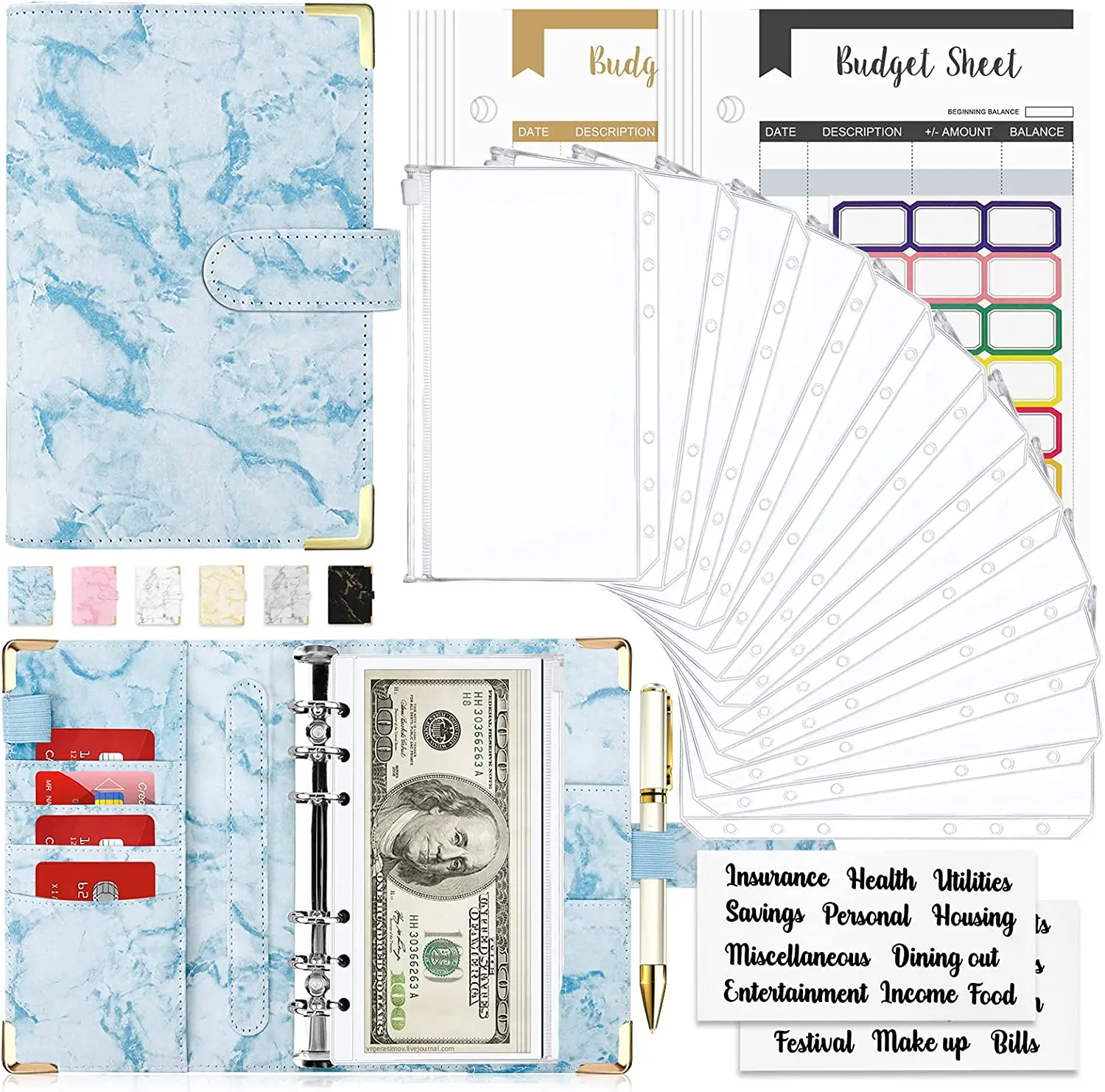 28Pcs Money Budget Planner Binder with Zipper Envelopes, Cash for Budgeting, Organizer for A6 Stationary Clipboard Personalized