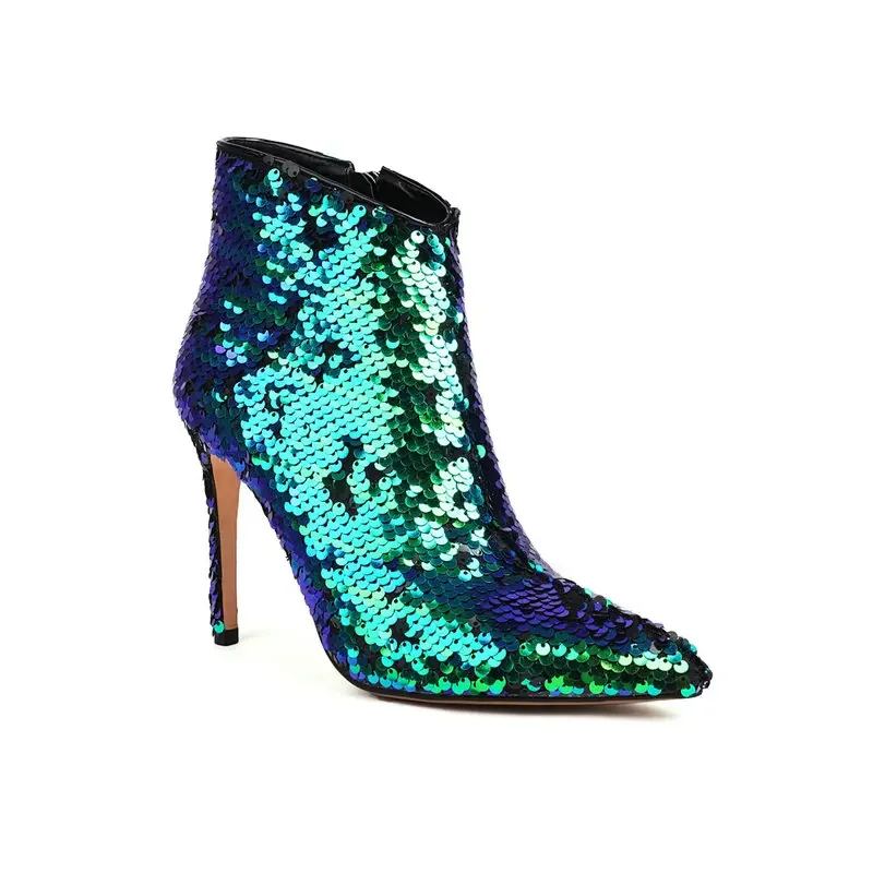 

Big Size 47 48 Sequined Cloth Pointed Toe Shiny Bling Women Thin High Heels Shoes Sexy Lace-up Gold Green Stiletto Ankle Boots