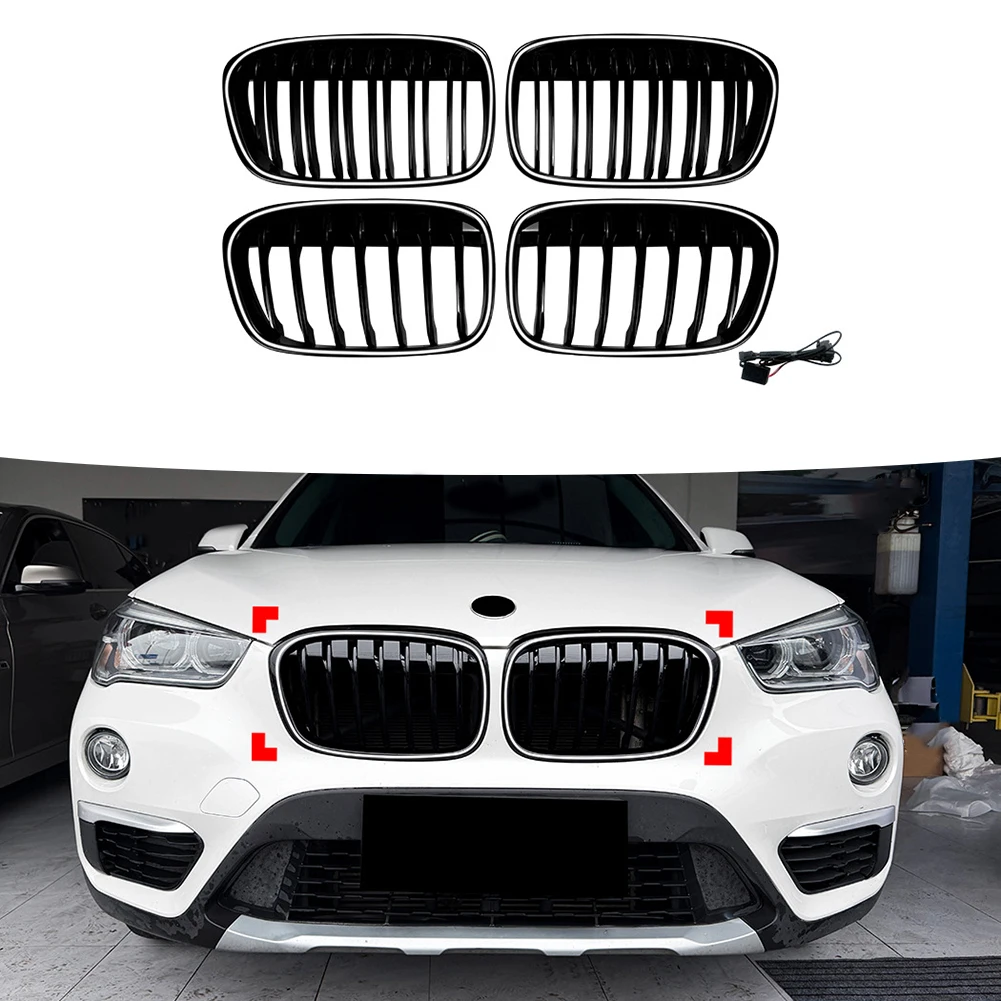 

Car Front Kidney Grilles For BMW X1 F48 2015-2019 Black Front Upper Bumper Grille With Lights Exterior Parts