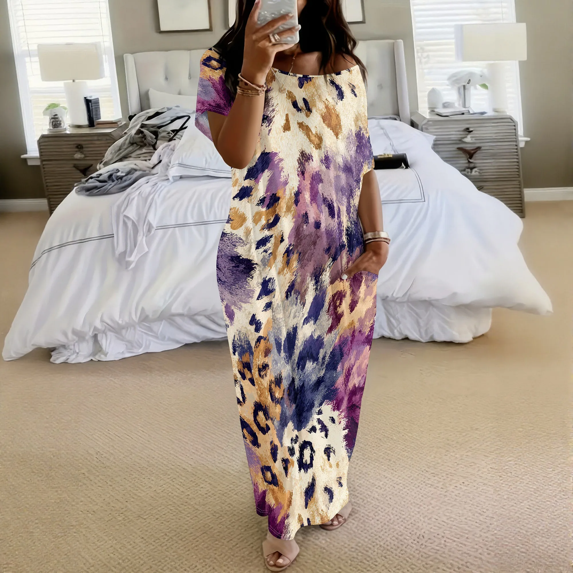 Boho Summer Beach Maxi Dress - Abstracte jurk met luipaardprint, Boho maxi-jurk