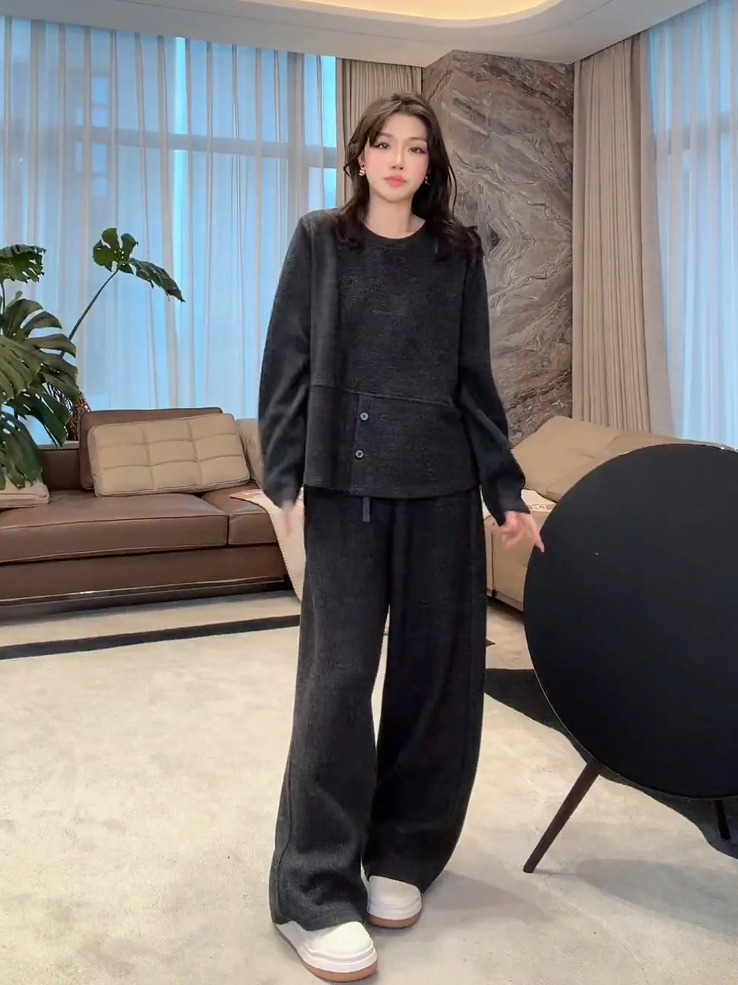 

Fce Lined Baby Velvet Warmth Two Piece Set Women's Faionable Anti-Aging Casual Sle Winter Collection MESA5306