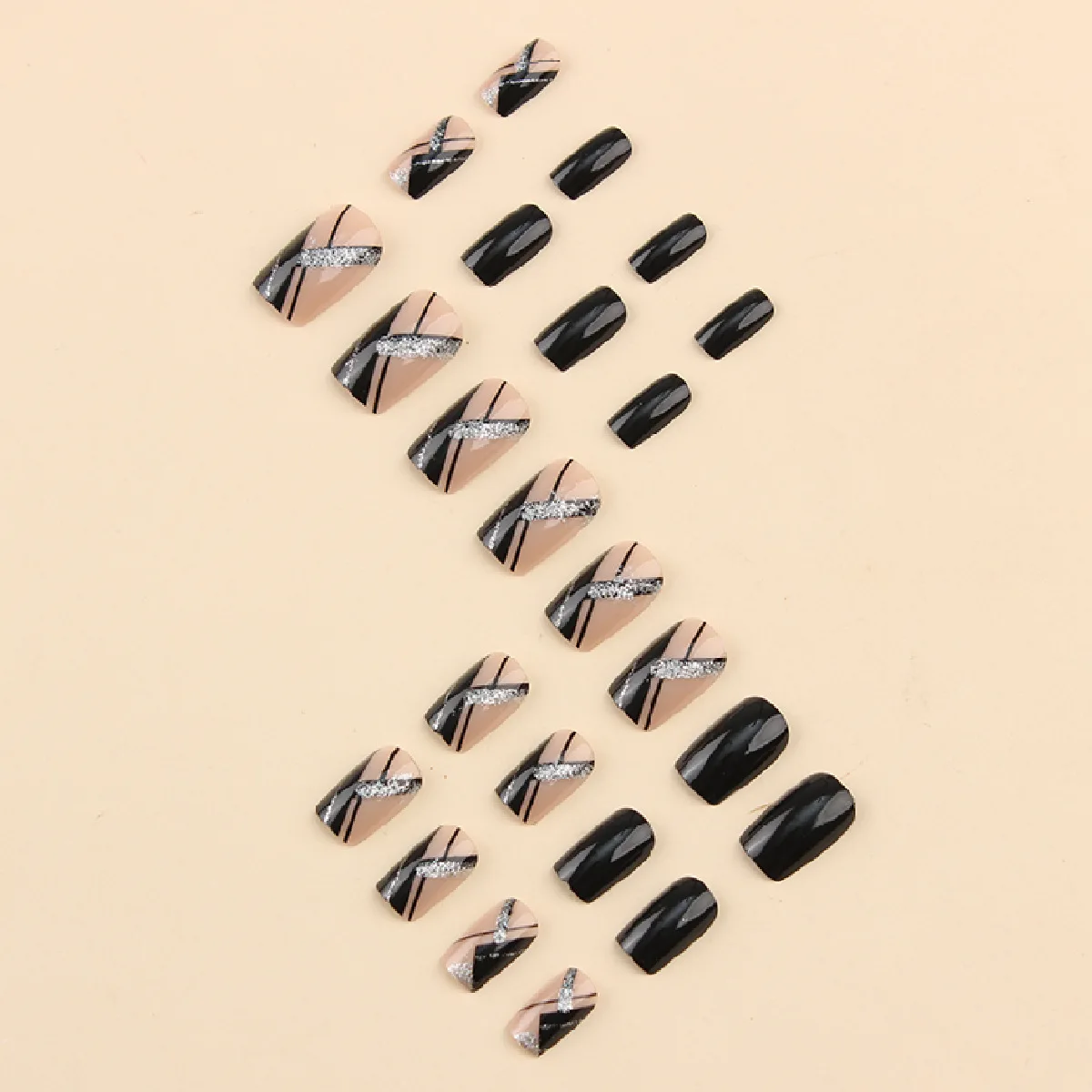 24Pcs Square Black Short Coverage Press On Nails Silver Stripe Fake Nails Reusable False Nail Shinne Star Wear Nails